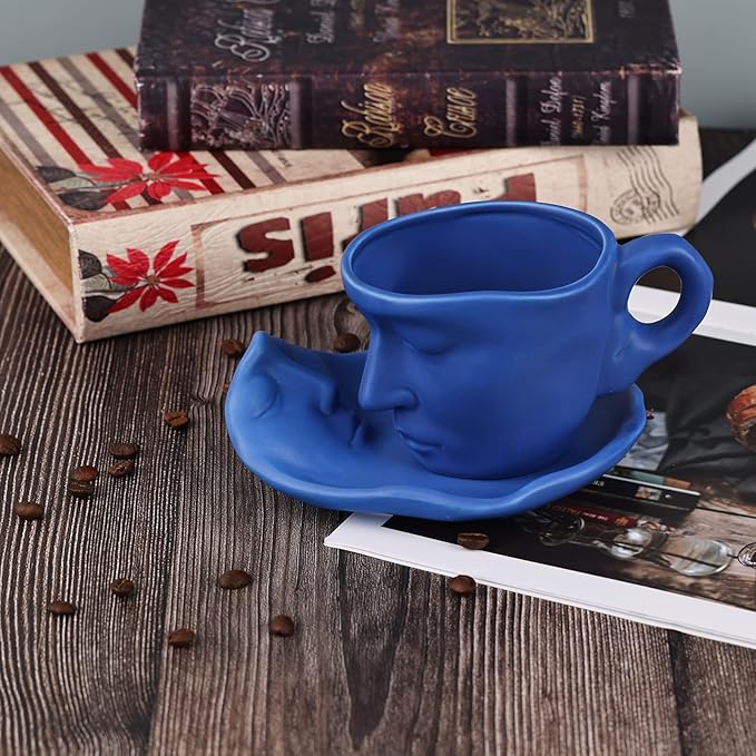 oliruim Blue Coffee Cup and Saucer Set - Ceramic Unique Kissing 8.5 oz Coffee Mug Set with Spoon, Face Coffee Cup and Saucer for Valentine, Wedding, Anniversary Decor (Blue)