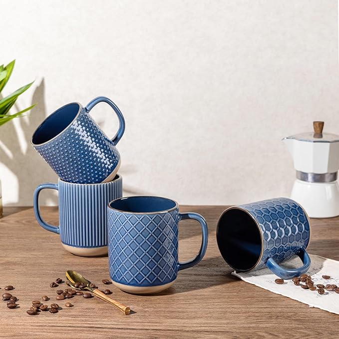 GBhome Large Coffee Mugs Set of 4, 16oz Handmade Stoneware Coffee Mugs Set with Large Handle for Cappuccino/Latte/Tea/Hot Cocoa, Dishwasher & Microwave Safe, Moonlight Blue