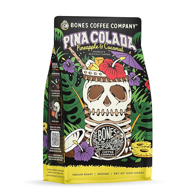 Bones Coffee Company Pina Colada, Pineapple and Coconut Flavored Coffee, Medium Roast Low Acid Arabica Beans Compatible with Auto drip and French Press Coffee Maker, 12 Oz Ground