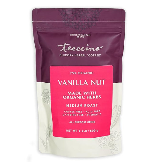 Teeccino Vanilla Nut Chicory Coffee Alternative, 1.1 Pound - Ground Herbal Coffee That?™s Prebiotic, Caffeine Free & Acid Free, Medium Roast