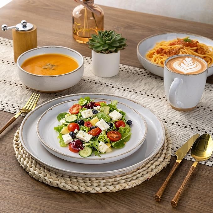 AmorArc 24 Pieces Ceramic Dinnerware Sets for 6, Handpainted Plates and Bowls Set with Rustic Terracotta Underside, Scratch Resistant Stoneware Dishes Set, Dishwasher & Microwave Safe, White