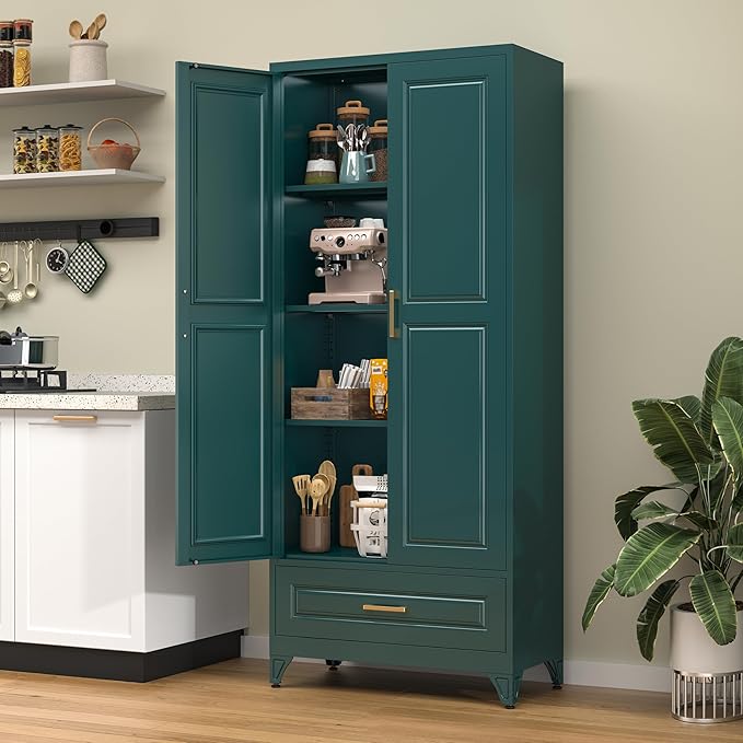 75??Kitchen Pantry Storage Cabinet,Metal Tall Storage Cabinet with Drawers and Adjustable Shelves,Modern Kitchen Hutch Cabinets,Freestanding Cupboard for Living Room,Green