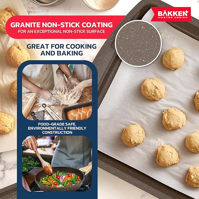 Bakken Master 20 Piece Cookware Set - Pots and Pans with Handle Grips and Tempered Glass Lids, With 6-piece Bakeware Set, Nonstick Granite Coating, Ceramic Max Temperature (Up To 500째F), Brown Marble