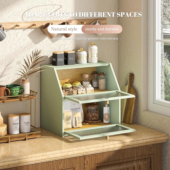 Bread Box for Kitchen Countertop Bin Double Layer Bread Box Storage Container Extra Large Capacity Farmhouse with Diamond Pattern Windows (Green, Extra Large)