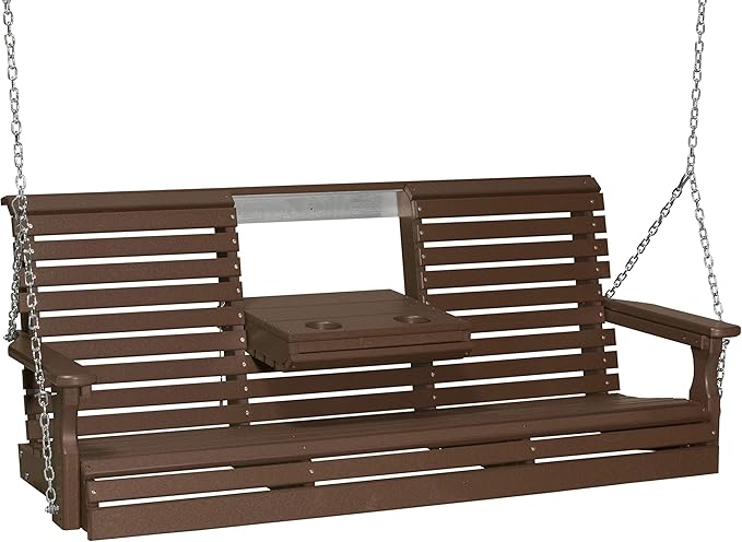 LuxCraft 5' Poly Rollback Plain Porch Swing with Flip Down Center Console, Made with Recycled Plastics - Made in USA (Chestnut Brown)