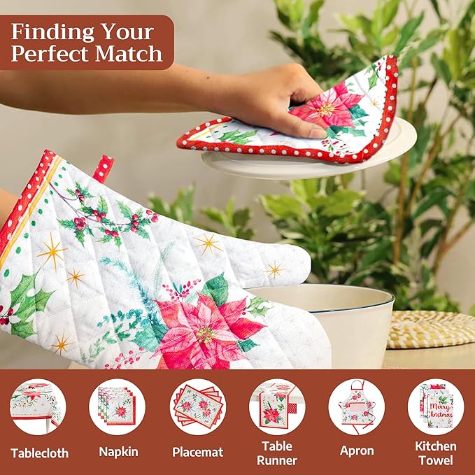 Maison d' Hermine Pot Holders Set 100% Cotton Heat Resistant Potholders 8" x 8" Hot Pads with Loop for Thanksgiving Christmas Decorations Baking Handling Hot Pans (Pack of 2, Poinsettia Christmas)