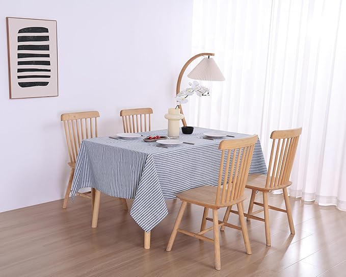 AORISSI 100% French Flax Linen Tablecloths Rectangle 84Lx60W Inch for Dinners, Parties, Easter, Halloween, Camping, Stone Washed, Textured, Machine Washable, 6-8 Sets (60''x84'', Blue Stripe)