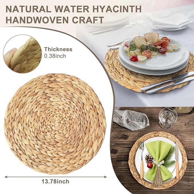 Hardcometrue Woven Placemats Set of 8, 13.8" Natural Corn Husk Round Rattan Placemats with Wooden Beads Napkin Rings for Kitchen Dining Table Decor