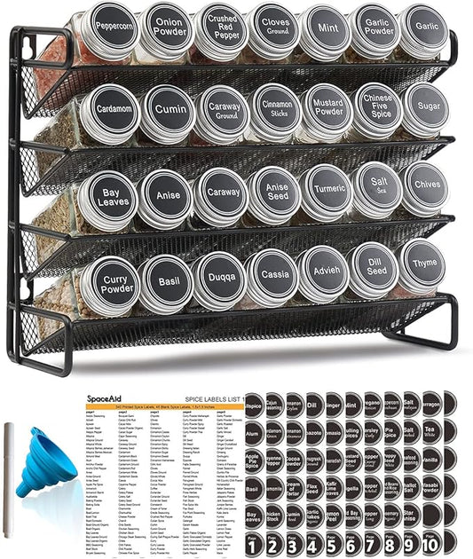 SpaceAid Spice Rack Organizer with 28 Spice Jars, 386 Spice Labels, Chalk Marker and Funnel Set for Cabinet, Countertop, Pantry, Cupboard or Door & Wall Mount - 28 Jars, 13.4" W 횞 10.8" H, Black