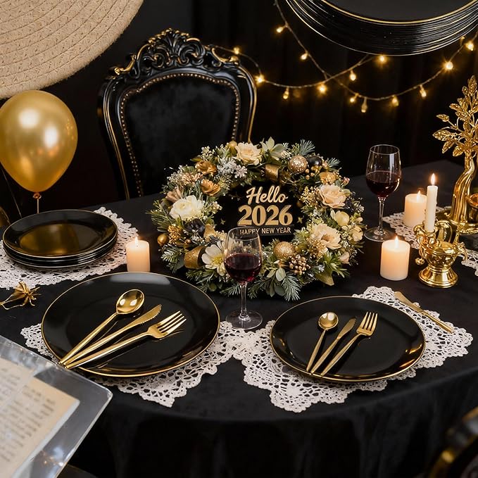 I00000 150Pcs Black Plastic Plates, Black Disposable Plates, Heavy Duty black plates for 30 Guests,Plastic Dinnerware Set Include 30 Dinner Plate,30 Dessert Plate,90 Gold Cutlery Set for Party