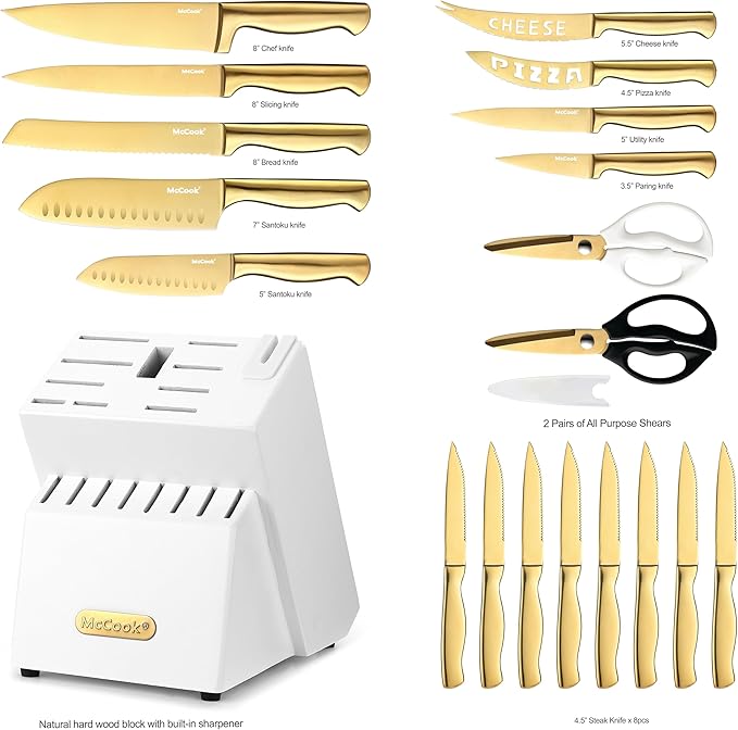 McCook짰 Kitchen Knife Sets, Golden Titanium Stainless Steel Knives Block Set with Built-in Sharpener