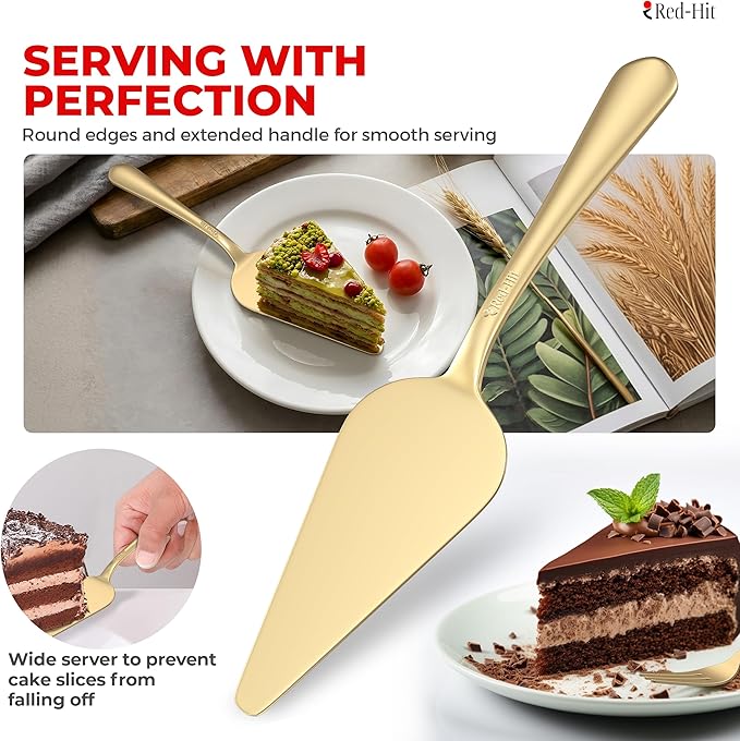 Elegant Gold Cake Knife and Server Set, Extra Thick Stainless Steel Cake Cutter and Cake Server with Bonus Forks & White Bows, Cake Cutting Set for Wedding, Birthday and Christmas Celebrations