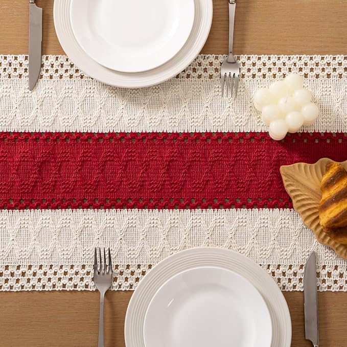 Socomi Boho Table Runner Valentine's Day Farmhouse Rustic Dining Kitchen Centerpiece Decor Small Macrame Woven Cotton Linen Coffee Table Runner for Dresser Scarf Home Decor 12x60 in Red Ivory