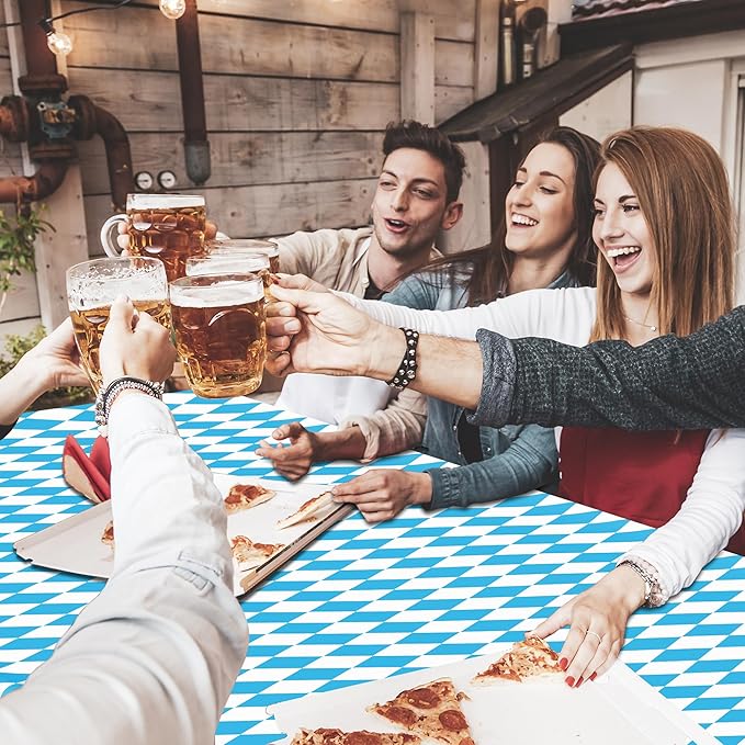 QZYL 3 PCS Oktoberfest Tablecover, 54 X 108 in Disposable Plastic Beer Festival Party Supplies, Rectangular Blue White Checkered Tablecloth, Oktoberfest Decorations for Kitchen Dining Party Holiday