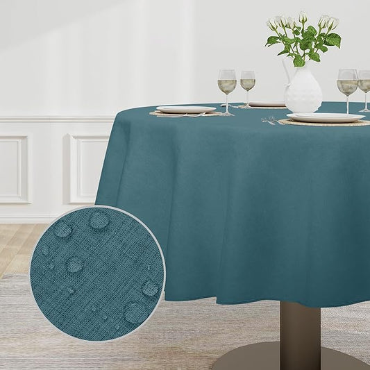 Easy-Going Faux Linen Waterproof Spill-Proof Tablecloth Stain Resistant Round Table Cloth Wrinkle Free Decorative Fabric for Kitchen, Dining, Party, Weddings, Restaurants (70 in-Round, Turquoise)