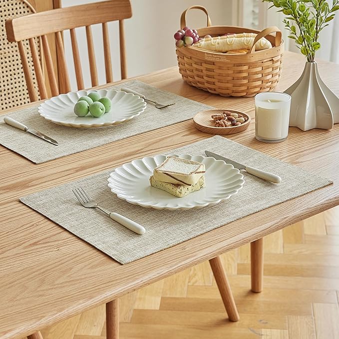Softalker Faux Linen Placemats Set of 8-12 x 18 Inch, Heat Resistant Double Layered Durable Burlap Farmhouse Place Mats, Non-Slip Washable Rustic Table Mats for Dining, Kitchen, Party竊뉰eige