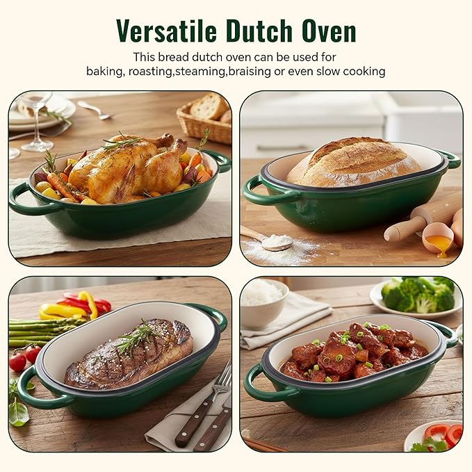 5 QT Oval Dutch Oven for Bread Baking, Enamelled Cast Iron Bread Oven for Sourdough, Sourdough Loaf Pan with Lid, Heavy-Duty Non Stick Bread Pan for Homemade Bread Baking, Green