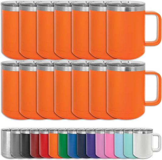 Clear Water Home Goods - (Bulk Pack of 12-15 oz Double Wall Coffee Mug with Lid and Handle, Double Insulated Stainless Steel Travel Tumbler Cup - Powder Coated - Orange