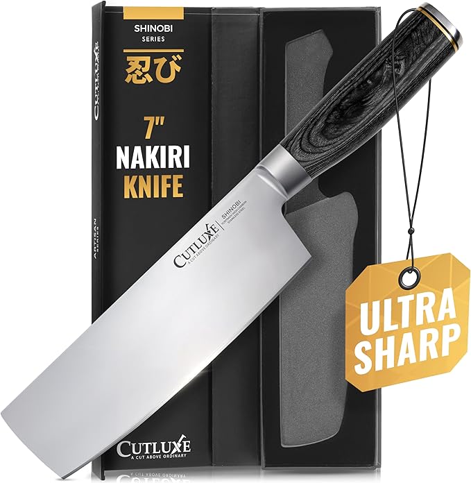 Cutluxe Nakiri Knife ??Ultra Sharp 7" Vegetable Japanese Knife for Chopping, High Carbon Stainless Steel Blade, Full Tang Pakkawood Handle ??Shinobi Series