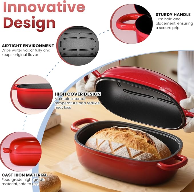 Cast Iron Dutch Bread Oven - 2.5QT Dutch Oven for Sourdough Bread Baking, Cast Iron Bread Loaf Pan with Lid, Easy Homemade Sourdough Dutch Oven, Blue Oval Bread Baking Pan, Gift for Family & Baker竊똓ed
