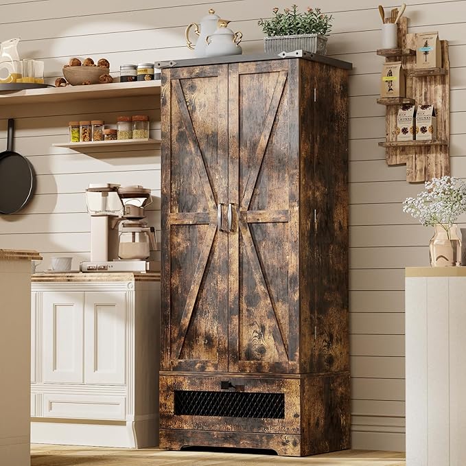 Pantry Cabinet with Adjustable Shelves and Drawer, Kitchen Cabinet Buffet Cupboards Storage for Home Office (Brown, 16" D x 24" W x 55" H)