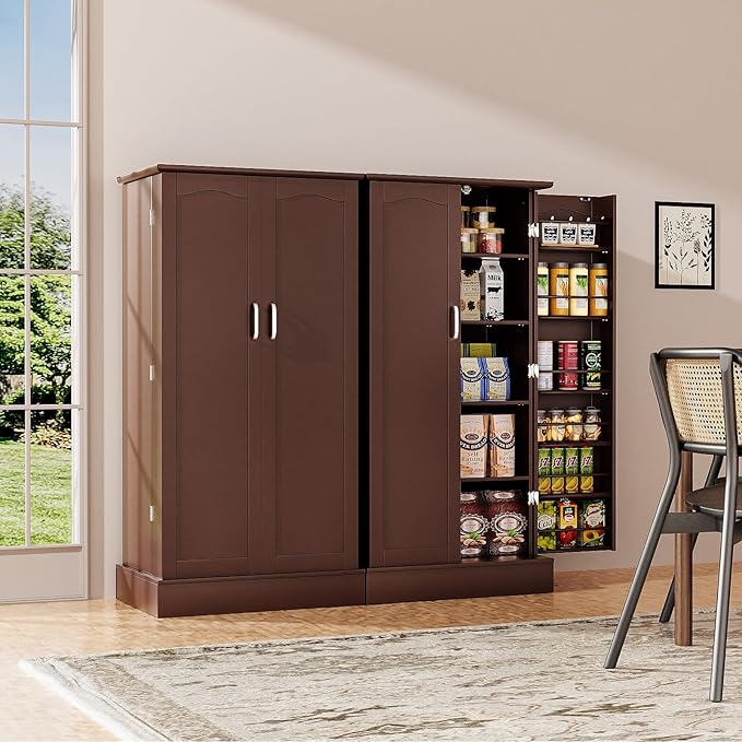 47??Pantry Cabinet, Kitchen Pantry Storage Cabinet with Doors & Adjustable Shelves, Brown Freestanding Buffet Cupboards Sideboard for Living Room and Dinning Room, Sturdy and Durable