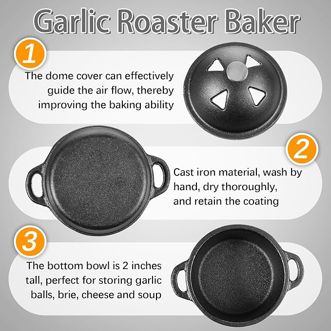 2 Pcs Garlic Roaster Baker Cast Iron Dutch Oven Pre-seasoned Cast Iron Pot 8 oz Mini Cocotte with Lid and Handle Small Black Potato Garlic Baker for Oven BBQ Grill Kitchen Outdoor