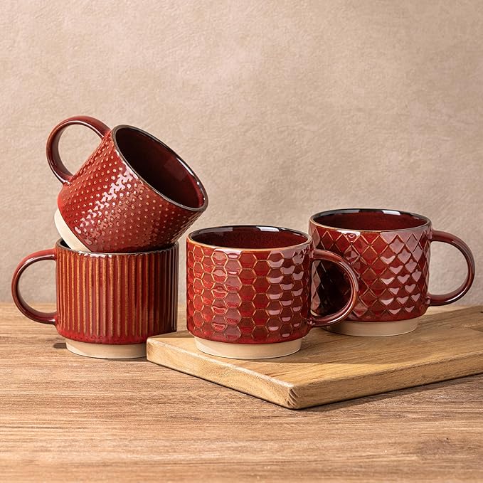 GBhome 12 OZ Stackable Coffee Mugs, Ceramic Coffee Mugs with Texture Patterns for Man,Woman,Dad,Mom, Modern Coffee Mugs Set of 4 for Latte/Cappuccino/Cocoa. Dishwasher&Microwave Safe