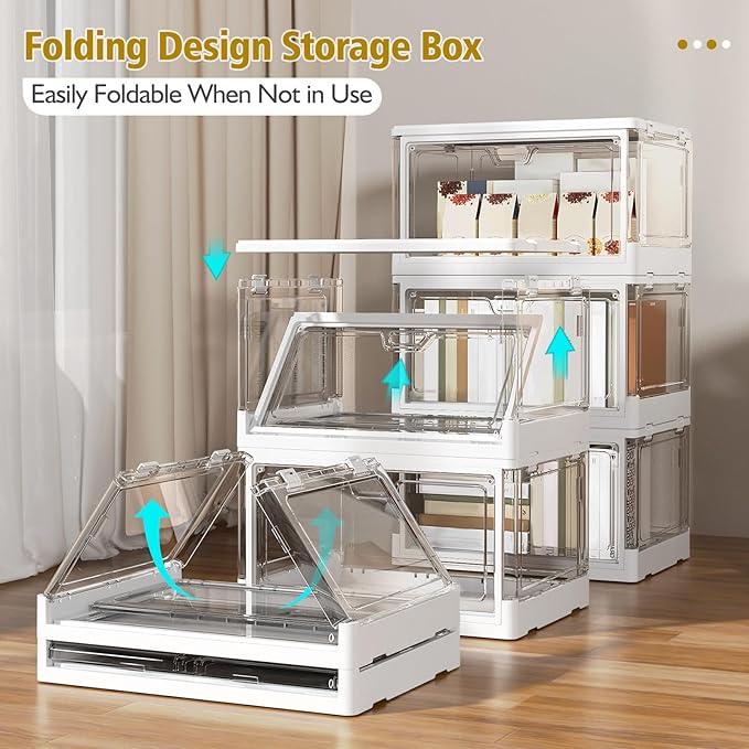 Clear Storage Bin with Lid 3 Pack ?륲tackable & Sturdy??Plastic Multifunctional Folding Storage Bins for Bedroom, Living Room, Study,Room, 23 QT Folding Box with Magnetic Door