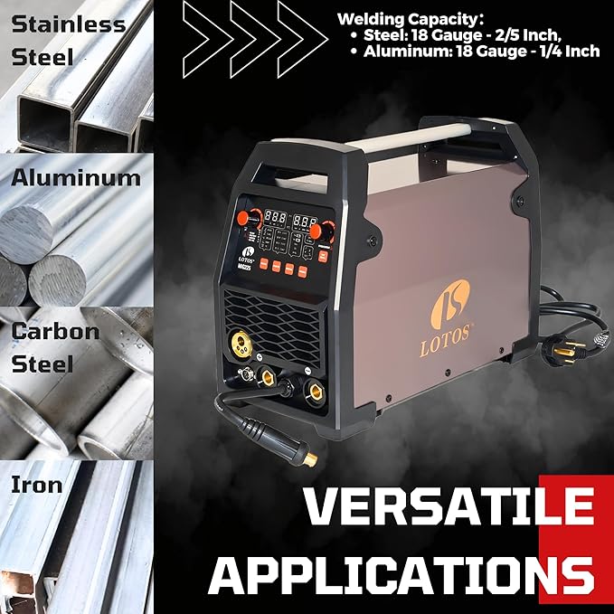 LOTOS MIG225 225A MIG Welder, 6 in 1 Gas MIG, Gasless Flux Core MIG, Stick, Lift TIG, Spot, Spool Aluminum Multi Process Welding Machine, Auto MIG Synergistic Setting & Voltage Fine Tuning, 120/240V