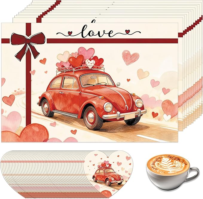 50Pcs Valentine's Day Paper Placemats, Love Heart Disposable Paper Place Mats with Coasters,16.5 x 11 Inch Valentines Table Mat for Valentine Wedding Anniversary Party Kitchen Dining Table Decor