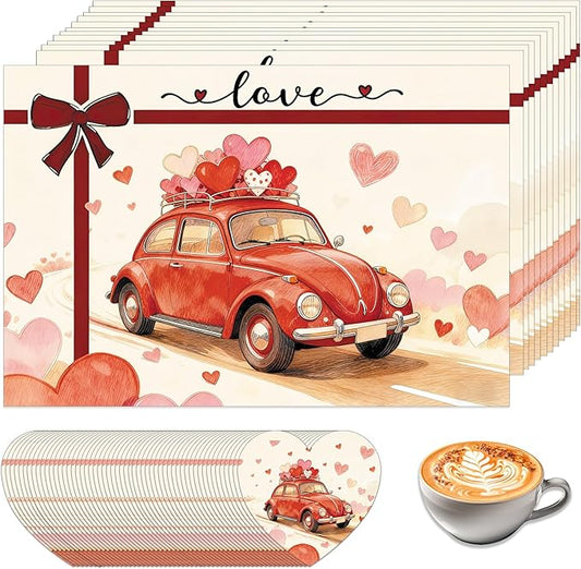 50Pcs Valentine's Day Paper Placemats, Love Heart Disposable Paper Place Mats with Coasters,16.5 x 11 Inch Valentines Table Mat for Valentine Wedding Anniversary Party Kitchen Dining Table Decor