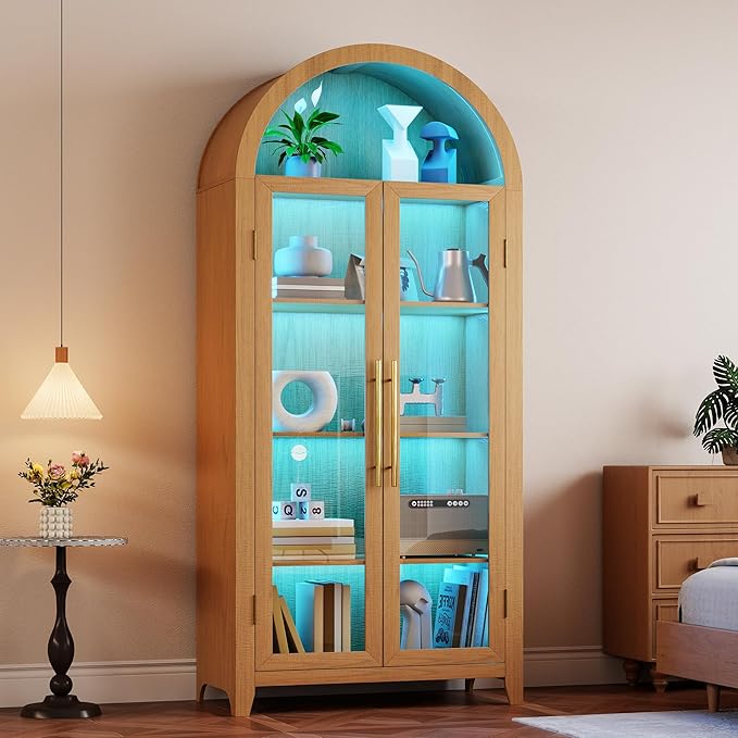 Vlsrka 71" Arched Storage Cabinet with Doors, Display Cabinet with LED Light & Human Sensor, 5-Tier Display Cases for Collectibles, Curio Cabinet with Ajustable Shelf for Living Room(Wood)