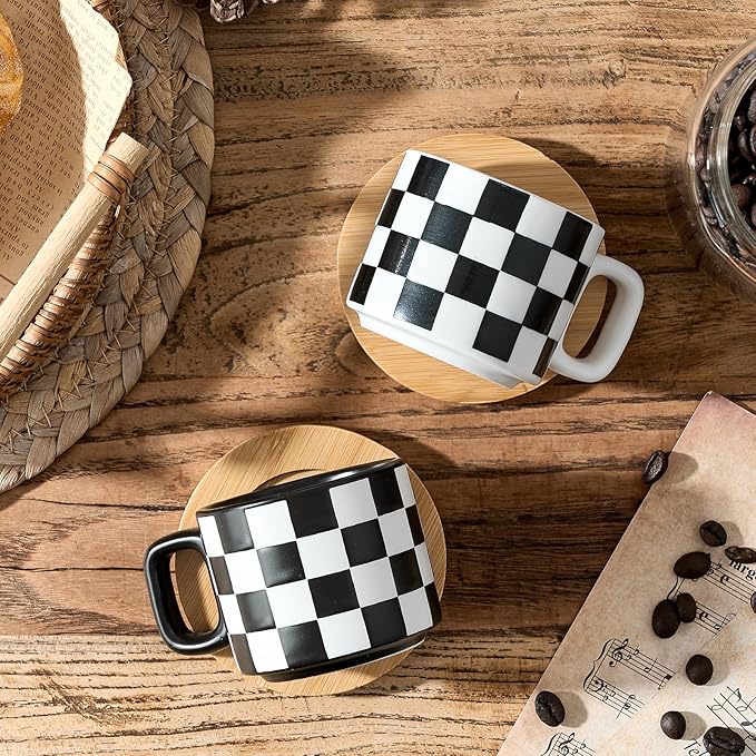LUKA Ceramic Stackable Black and White Checkered Espresso Cups with Saucers and Metal Stand, 4 Ounce Small Demitasse Cups Set for Coffee Drinks, Latte, Tea - Set of 4