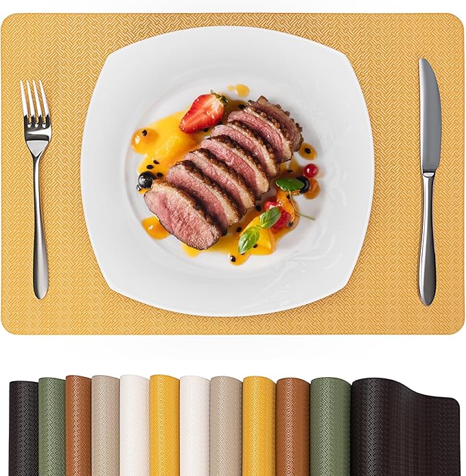 PROMATTOO Faux Leather Placemats Set of 4 – 17x12 Inch Vinyl Table Mats, Heat Resistant, Non Slip, Wipeable & Washable, Easy to Clean Dining Table Decor for Kitchen & Dining Room（Golden Yellow）