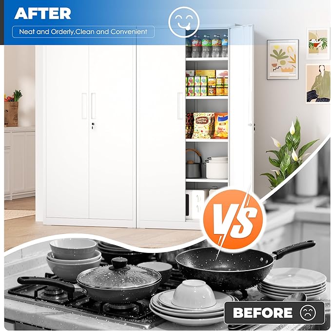 INTERGRAET 63" Tall Pantry Cabinet,Kitchen Pantry Storage Cabinets with 2 Doors and 4 Shelves,White Metal Storage Cabinet,Cupboard for Home,Kitchen,Living Room/Dining