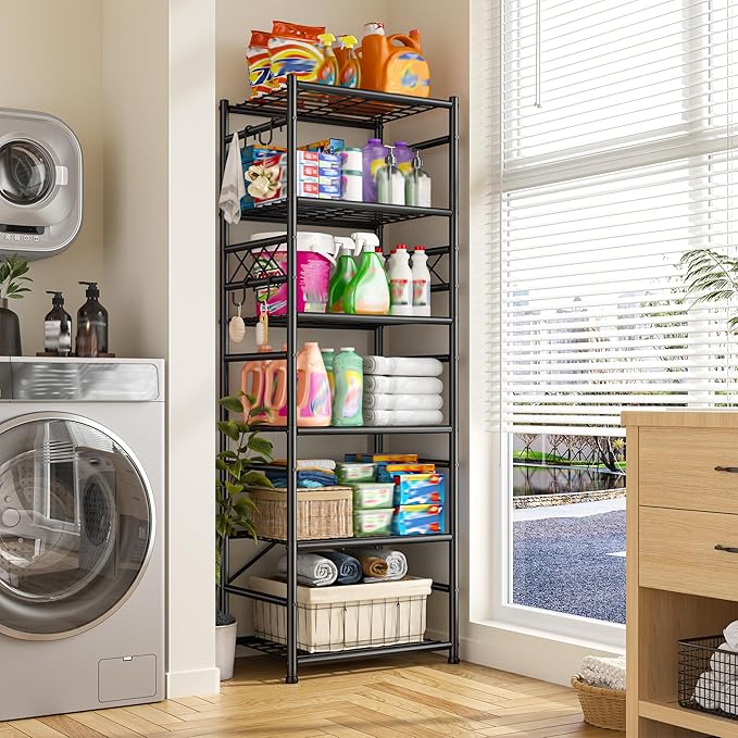 Storage Shelves-6 Tier Metal Shelving Unit with Hooks,Heavy Duty Garage Shelving with Leveling Feet,High Standing Shelf Organizer for Kitchen Pantry Bathroom Dorm,17.7?쓂횞11.8?쒭 횞72.2?쒱,Black