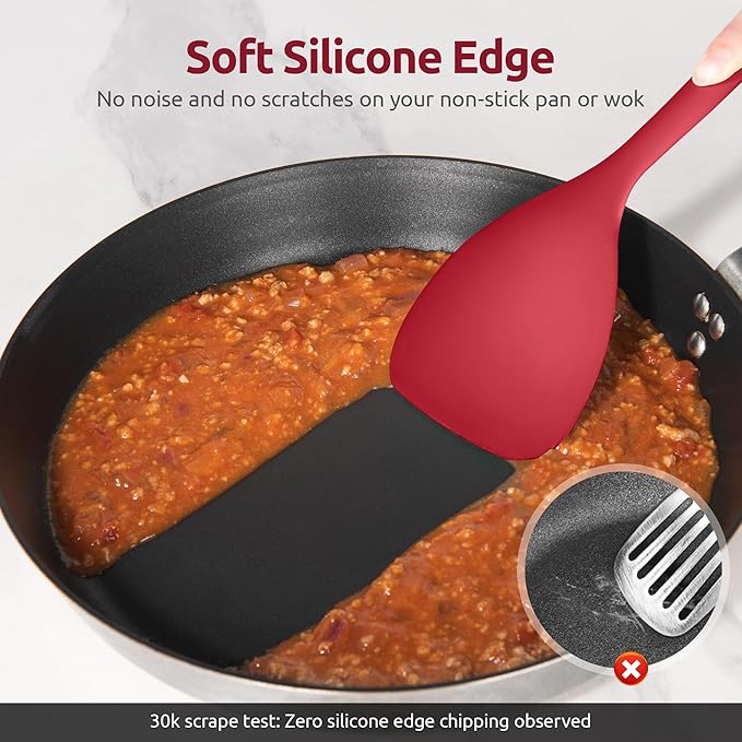 U-Taste 600쨘F Heat Resistant Wok Spatula: 13.76" Long, 3.63" Wide Silicone Cooking Utensils with Flexible Edge & Sturdy Core, for Kitchen Stir Fry, Serving, Scoop, in Non-Stick Pan, Carbon Steel (Red)