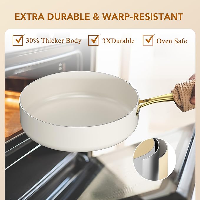 PekGema Ceramic Cookware Set 15-Pieces, Pots and Pans Set Non Stick, Oven Safe Non Toxic, Kitchen Cookware Set, PFOA PTFE FREE, Gold White