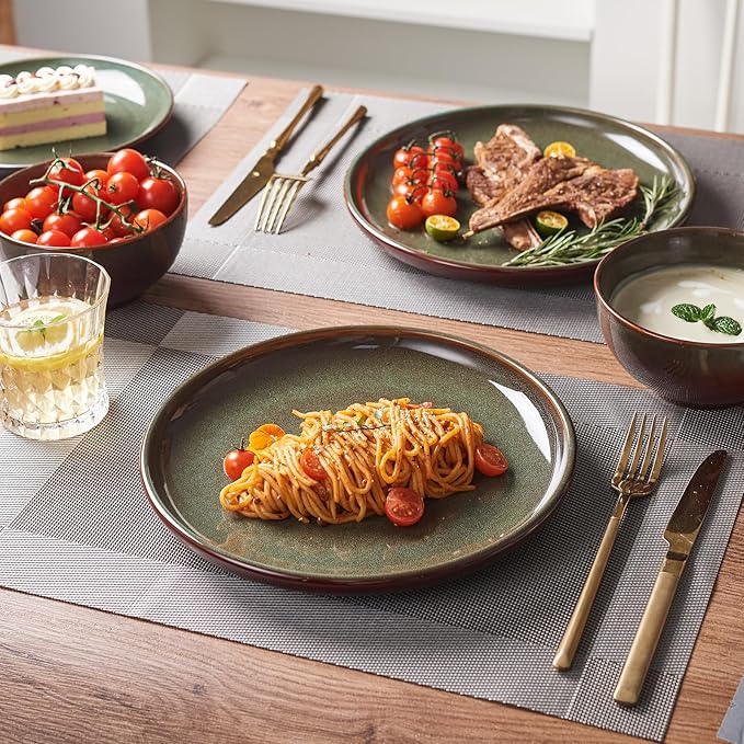 Stoneware Dinnerware Sets Service for 4, 12 pcs Reactive Glaze Plates and Bowls Sets, Handmade Ceramic Dish Set, Highly Chip and Crack Resistant Modern Plate Set, Brown Green