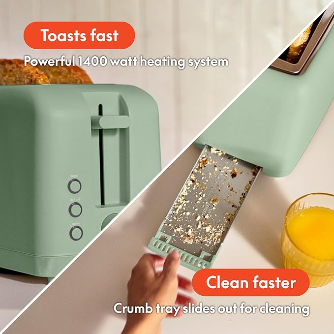 bella 4 Slice Slim Toaster, Fits-anywhere??Kitchenware, 6 Setting Shade Control with Reheat & Cancel Buttons, Fits Sourdough, 10??Long Slot, Anti Jam & Auto Shutoff, 900 Watt, Seaglass
