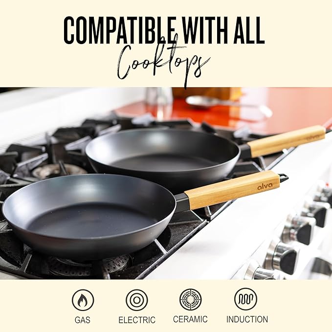Alva Forest 8" & 11" Carbon Steel Frying Pan Set ??Naturally Nonstick, Pre-Seasoned, with Acacia Wood Handle, Made Without PTFE, PFOA, PFAS ??Sustainable Belgian Design, Induction & All-Stovetop Safe
