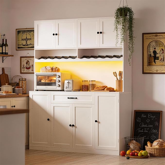 72" Tall Pantry Storage Cabinet with LED Light 55" Wide Kitchen Pantry Cabinet with Charging Station and Adjustable Shelves Modern Kitchen Hutch with Wine Rack and Large Countertop White