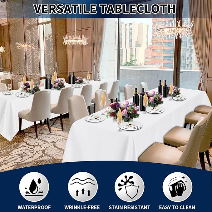 PureFit 6 Pack Rectangle White Table Cloths 90 x 156 Inch for 8Ft Tables, Stain and Wrinkle Resistant Table Linens for Home Use, Wedding, Party, Banquet and Camping