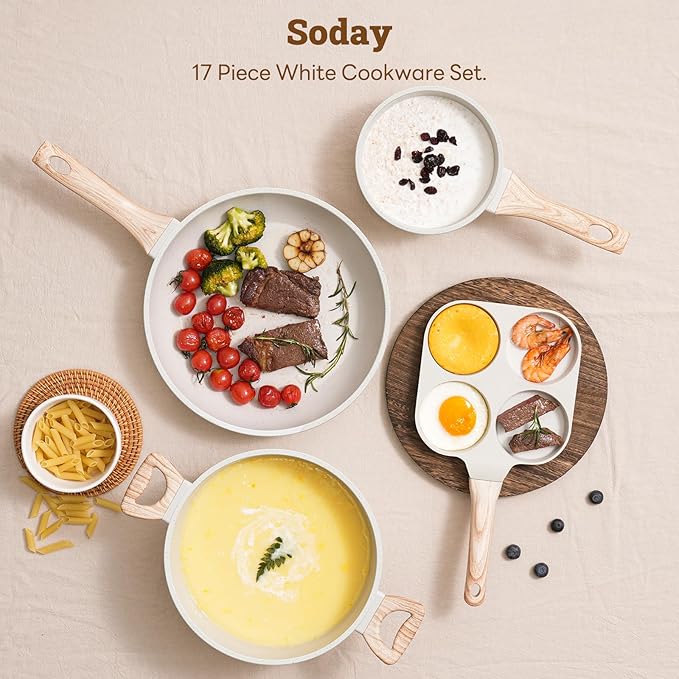 17 Pcs Pots and Pans Set Non stick竊똂ookware Sets White Granite Induction Cookware, Non-toxic Healthy Non Stick Kitchen Cooking Set with Frying Pans Set, Saucepans (PFAS, PFOA, PFOS Free) White