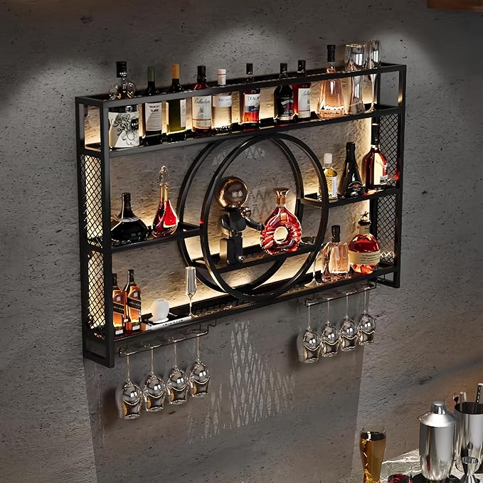 39 Inch Metal Wall Mounted Wine Rack, 3-Tier Bar Shelf with Glass Holder, Modern Large Capacity Liquor Bottle Display Shelf for Home Bar, Dining Room & Kitchen, Black