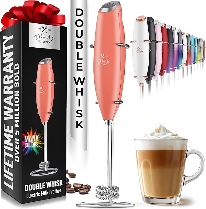 Zulay Kitchen Double Whisk Milk Frother ??Handheld Foam Maker for Coffee, Lattes, Matcha, Hot Chocolate & Cappuccinos ??Whip Creamy Froth in Seconds, Portable & Easy to Use