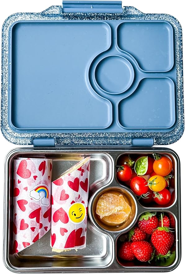Yumbox Pr챗t Stainless Steel Leakproof Bento Lunch Box ??3-Compartment, Sandwich-Friendly Tray for Kids & Adults, Reusable, BPA-Free, Easy Open Latch (Paris Blue Glitter)