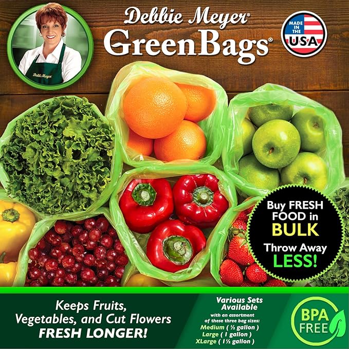 Debbie Meyer, GreenBags 20-Pack (8M, 8L, 4XL) | Reusable Storage Bags Keeps Fruit, Vegetables, Produce, Cut Flowers Fresh Longer, Kitchen & Fridge Preservation Solution, BPA Free, Made in the USA