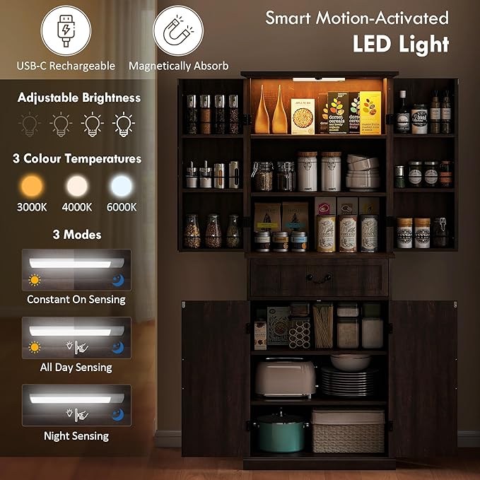 HOMCOM 71" LED Kitchen Pantry Cabinet, Farmhouse Tall Freestanding Storage Cabinet with Door Shelves, Adjustable Shelves and Drawer for Kitchen and Dining Room, Distressed Brown